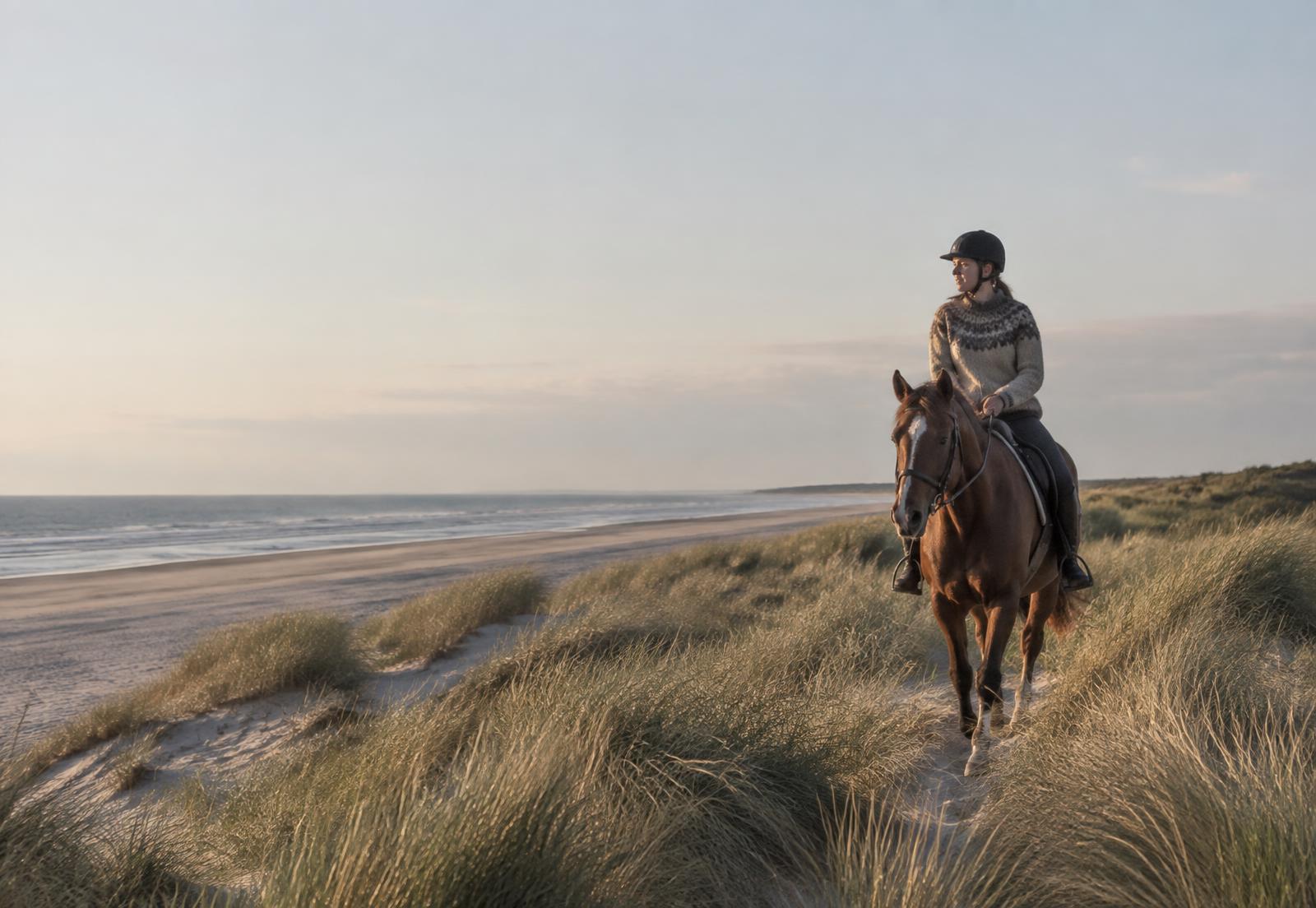Rytter på hest i klitterne ved stranden i morgenlys. Midlertidigt billede – erstattes af klubbens eget foto.