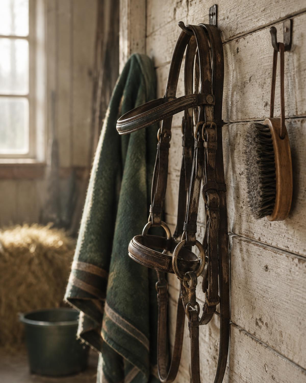 Læderhovedtøj og en børste hængt op på en lys trævæg i en stald i blødt dagslys.